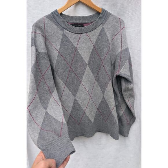 Tahari Womens Argyle Diamond Print Crewneck Pullover Sweater Sz L Gray Academia - Picture 1 of 6